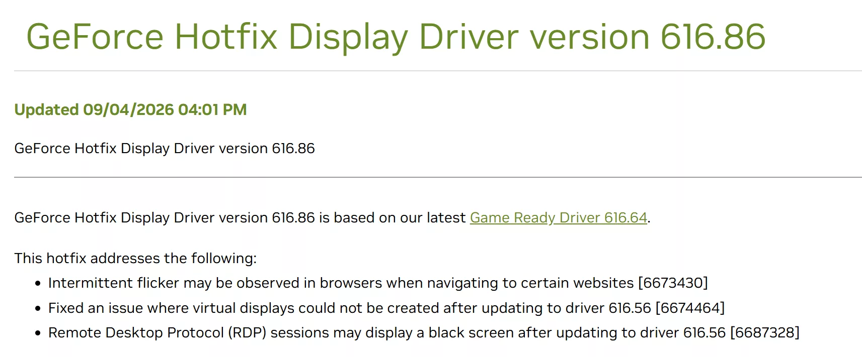NVIDIA GeForce Hotfix 616.86 fixes browser flickering and RDP black screens