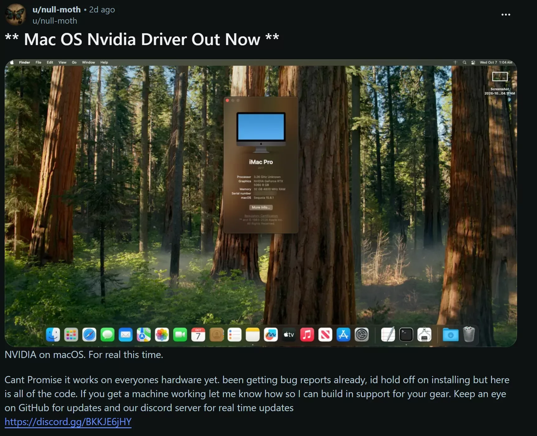 NVIDIA GeForce RTX 5060 runs macOS 15 with Metal 3 acceleration through unofficial driver