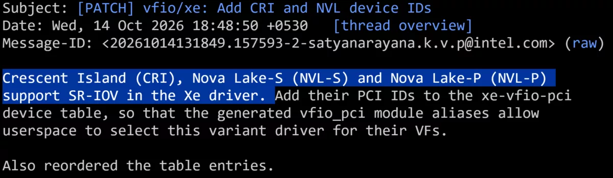 Intel Nova Lake Xe graphics to get SR-IOV support in Linux