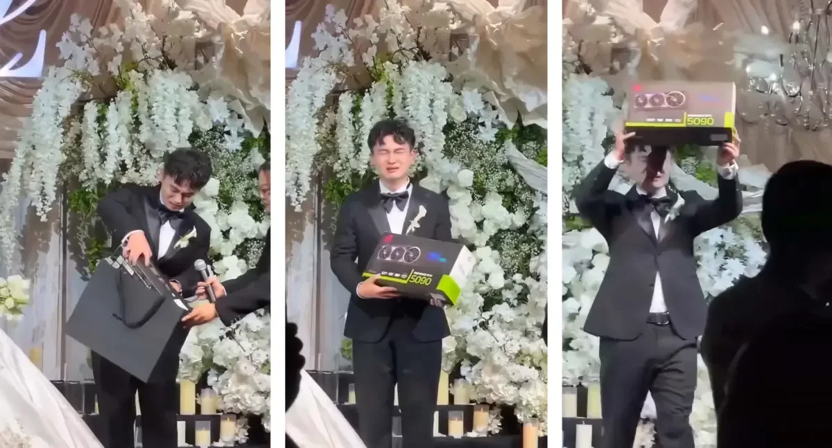 Bride gifts groom ASUS ROG Astral RTX 5090 at wedding